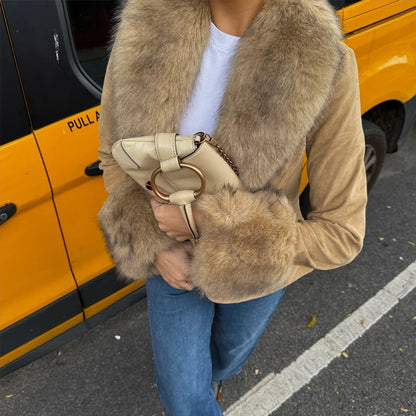 MUJER Kunstpelz-Leder-Blazer für Damen, Kunstleder, luxuriöse Damen-Blazer, Mäntel, Büro, taillierte Jacke, Damen-Winter-Oberbekleidung