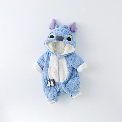 MINISO Stitch Winter Baby Verdickte Gepolsterte Baumwolle Kletterkleidung Niedlicher Säuglingsbodysuit Warmes Ausgehen Outfit Kawaii 0-1 Jahre.