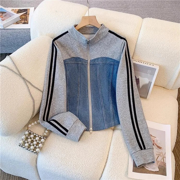 Pant Set Women Two Piece Sets Denim Splice Zipper Matching Sets Casual Coats Wide Leg Long Pants Lace Up Elastic Waist 2025.