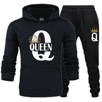 2024 New Autumn and Winter Men's and Women's Sweater Set KING QUEEN Loose Relaxed Hooded Print Couple Set.