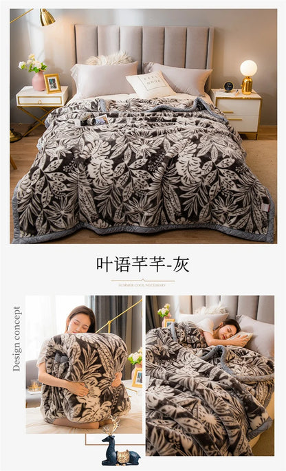 Double Sided Printed Autumn Winter Blankets for Bed Soft Warm Encrypted Flocking Raschel Blanket Skin Friendly Weighted Blanket