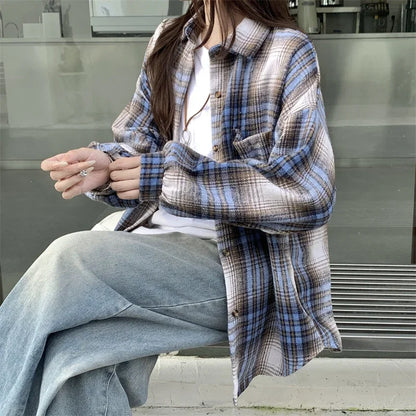 Zjaiss Women Thick Woolen Plaid Blouse Loose Long Sleeved Tops 2025 Autumn Winter New Casual Shirt Long Shirts