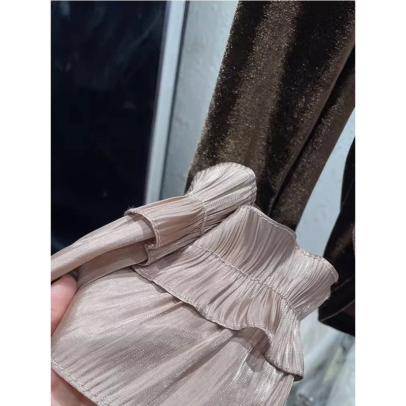 Autumn Korean Patchwork Solid Color Peter Pan Collar T-Shirts Female Temperament Ruffles T-Shirts Women Clothing All-match Tops.