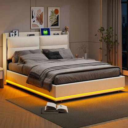 Creahappy – Weich gepolstertes Bett – Doppelbett – mit LED-Leuchten und USB-Ladefunktion – Stauraumbett mit Luftdruckstange