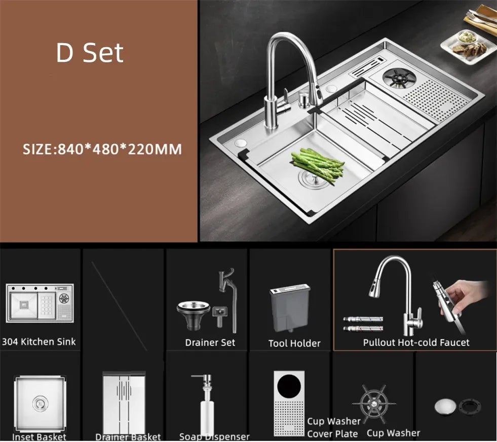 Large Size Nano Meter Cup Rinser Stepped Kitchen Sink 304 Stainless Steel 4mm Thickness Handmade Sinks With Knife Holder