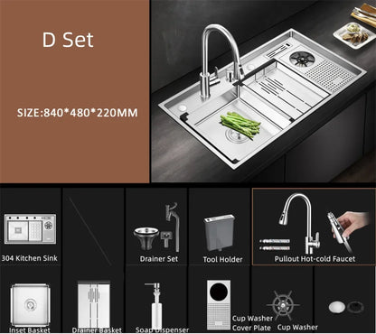 Large Size Nano Meter Cup Rinser Stepped Kitchen Sink 304 Stainless Steel 4mm Thickness Handmade Sinks With Knife Holder