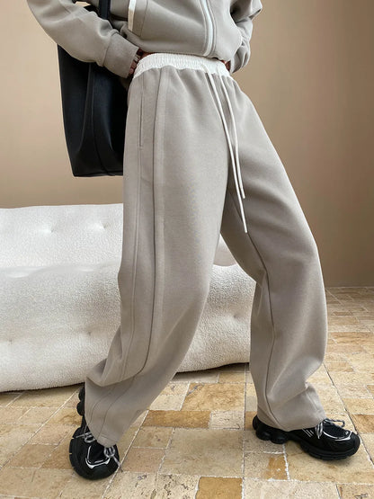 Spring and Autumn Women's Casual Solid Color Loose Hooded Sweatshirt+High Waist Loose Pants Set