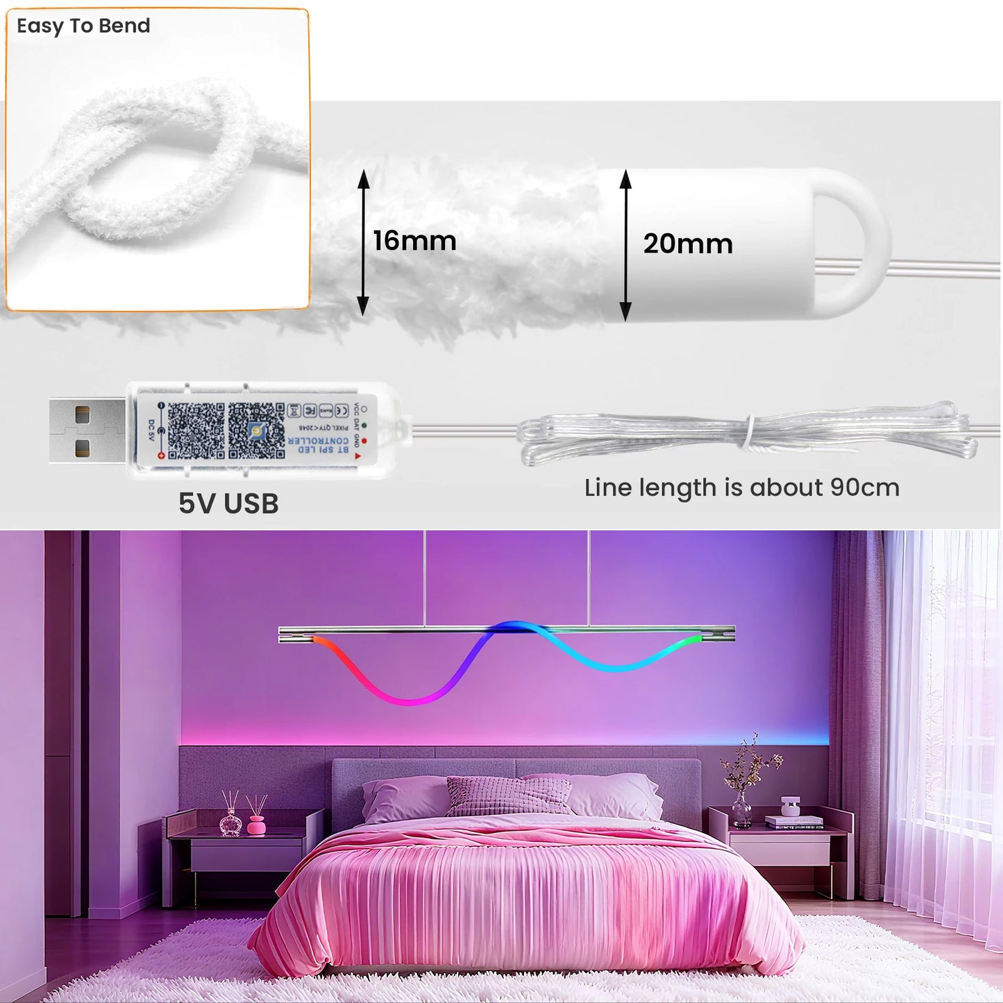 DC5V USB RGB LED Round Neon Light Strip Music Sync Control with App/Remote Addressable Lamp IP67 Waterproof for Indoor Outdoor.