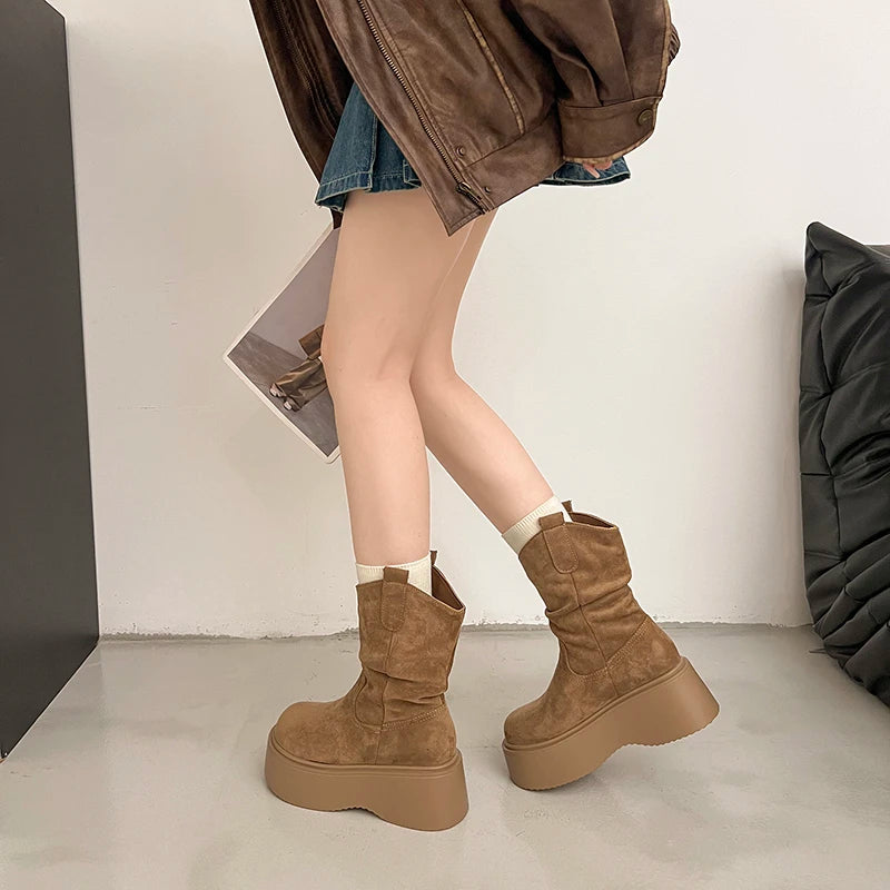 Chunky Platform Thick Sole Woman Ankle Boots Design Round Toe Slip On Shoes  2025 Autumn Winter Short Botas Para Mujer.