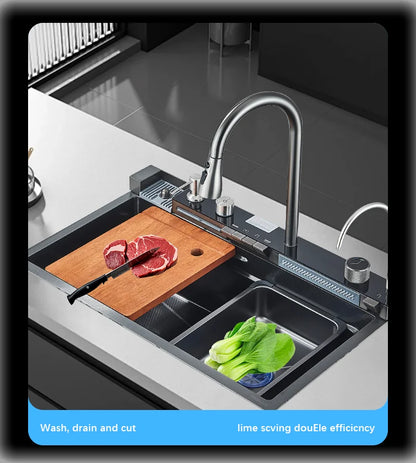 Wasserfall-Küchenspüle aus Edelstahl 304, großes Einzelschlitz-Wasserhahn-Set mit integrierter Digitalanzeige, Seifenspender, Tassenwascher