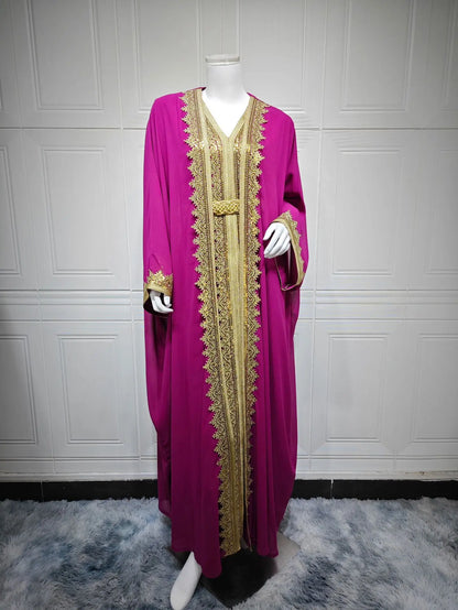 Uni Ramadan Sequins Dubai Abayas Arab Tunics Batwing Sleeve Dresses For Women Gala Two pieces Moroccan Elegant Kebaya