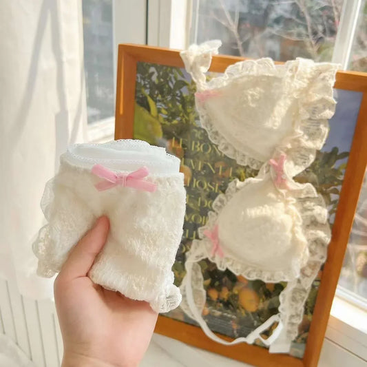 Japanese girl underwear female sweet cute pure desire without underwire bow lace edge thin bra set.