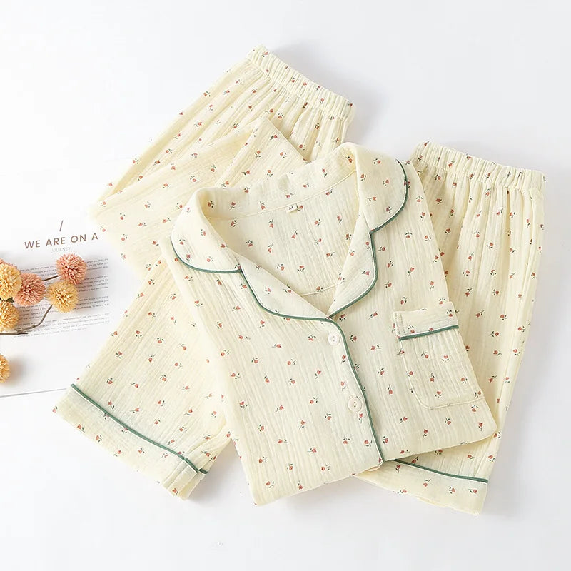 Pajamas pure cotton three-piece set spring and summer thin crepe autumn gauze lapel short-sleeved trousers shorts loungewear set