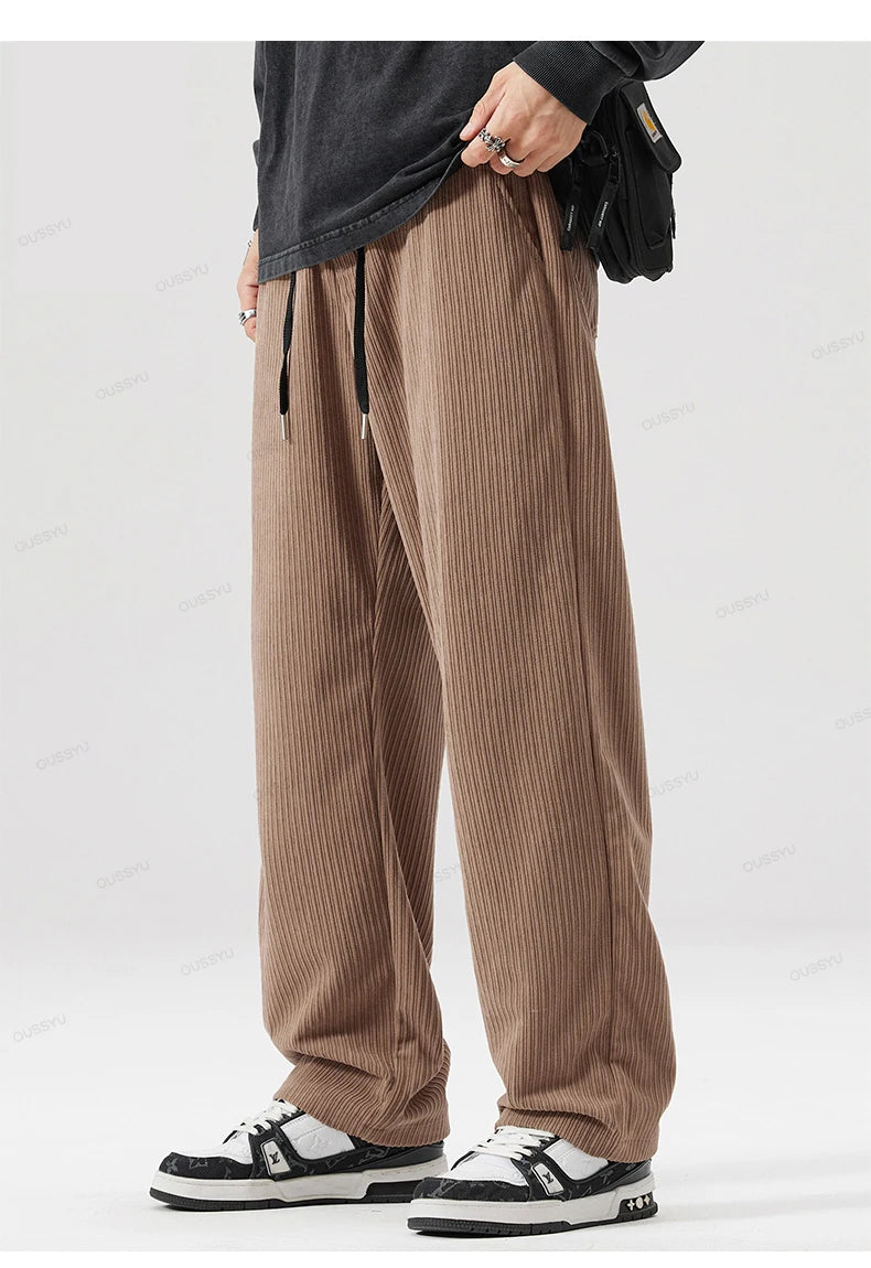OUSSYU Brand Autumn Winter Men's Stripe Corduroy Pants Elastic Waist Drawstring Straight Thick Outdoors Loose Casual Trousers.