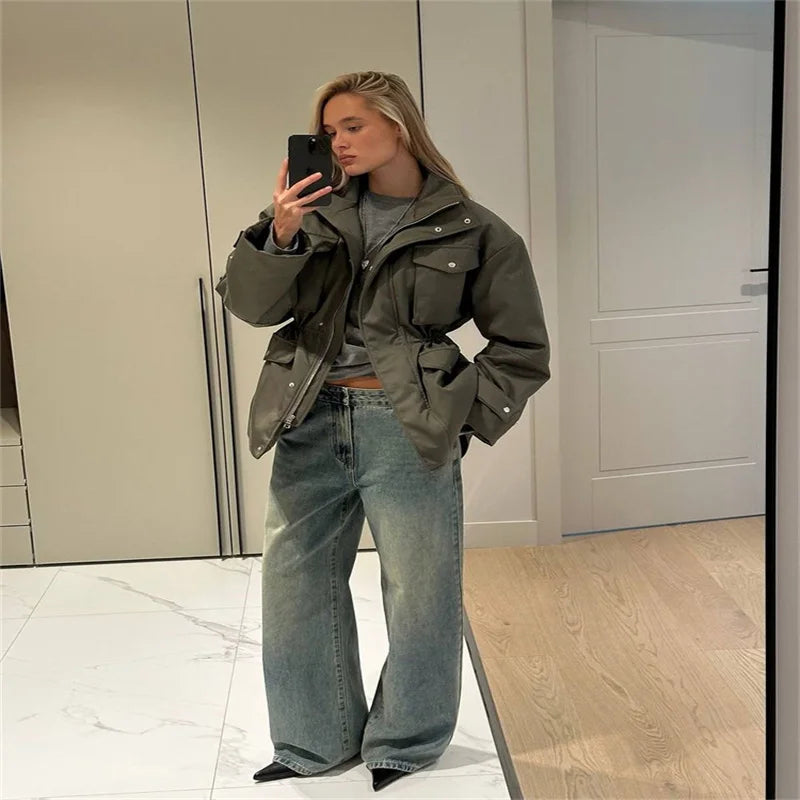 Damenjacken Vintage-Revers-Reißverschluss, große Taschen, Reißverschluss, volle Ärmel, Mäntel, Dame, 2025, modische neue Damen-Winterjacken, Oberbekleidung