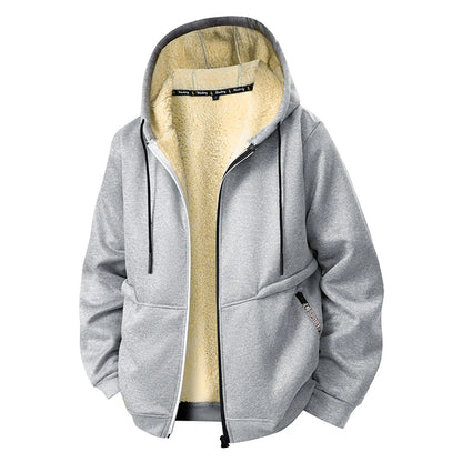 Men's Warm Fleece Hoodie Autumn Winter Sherpa Lined Full-Zip Solid Color Sweatshirt Jacket Coat.