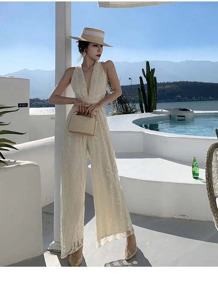 Women Beige Elegant Backless Pleated Lace Jumpsuit Summer V Neck Sleeveless High Waist Wide Leg Long Pant Rompers Sexy Club Chic.