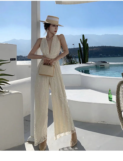 Women Beige Elegant Backless Pleated Lace Jumpsuit Summer V Neck Sleeveless High Waist Wide Leg Long Pant Rompers Sexy Club Chic.