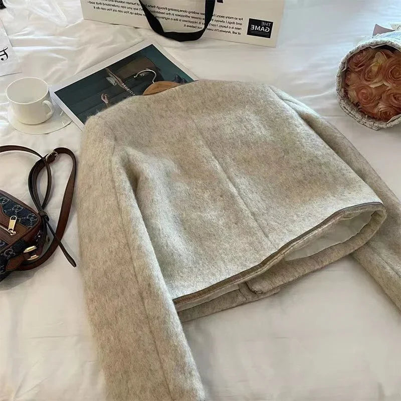 Vintage Cropped Tweed Jacket Women Thicken Quilted Blazer Korean Elegant Short Coat Winter Single Breasted Casual Outerwear Tops.