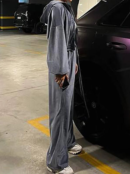 Women Autumn Hooded Coat Two Pieces Sets, Solid Patchwork Wide Leg Pants Chic Outfit, New Long Sleeve Casual Simple Ladies Suits