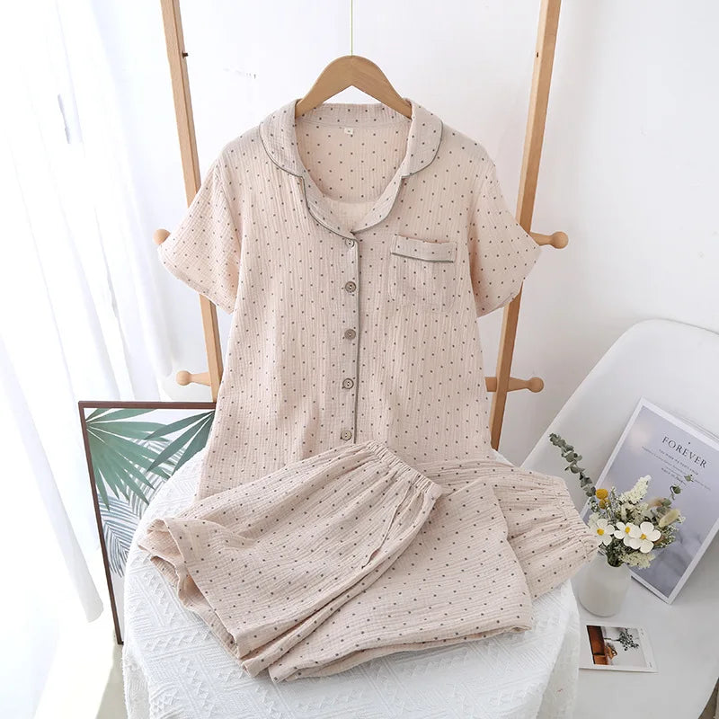 Pajamas pure cotton three-piece set spring and summer thin crepe autumn gauze lapel short-sleeved trousers shorts loungewear set