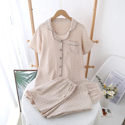 Pajamas pure cotton three-piece set spring and summer thin crepe autumn gauze lapel short-sleeved trousers shorts loungewear set