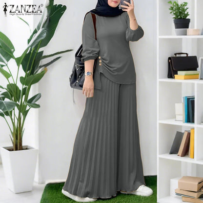 ZANZEA Muslim Women 2 Pieces Pant Sets Hijabis Casual Asymmetric Hem Long Sleeve Blouses & Pleated Pants 2pcs Suits Outfits.