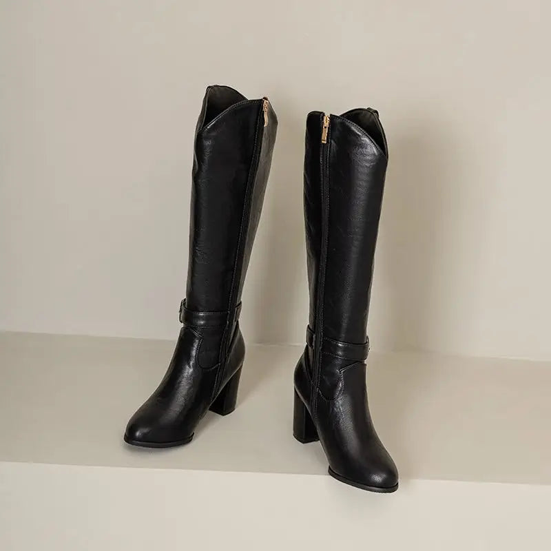 Girseaby British Style Women Knee High Boots Round Toe Block Heel 7.5cm Zipper Plus Size 51 52 Fashion Riding Bota