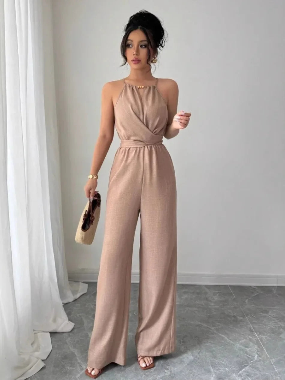 Woman Jumpsuits Elegant Summer Fold Off Shoulder Beads Jumpsuits Fashionable Slim Fit Belt Button High Waist Wide Legs Jumpsuits.