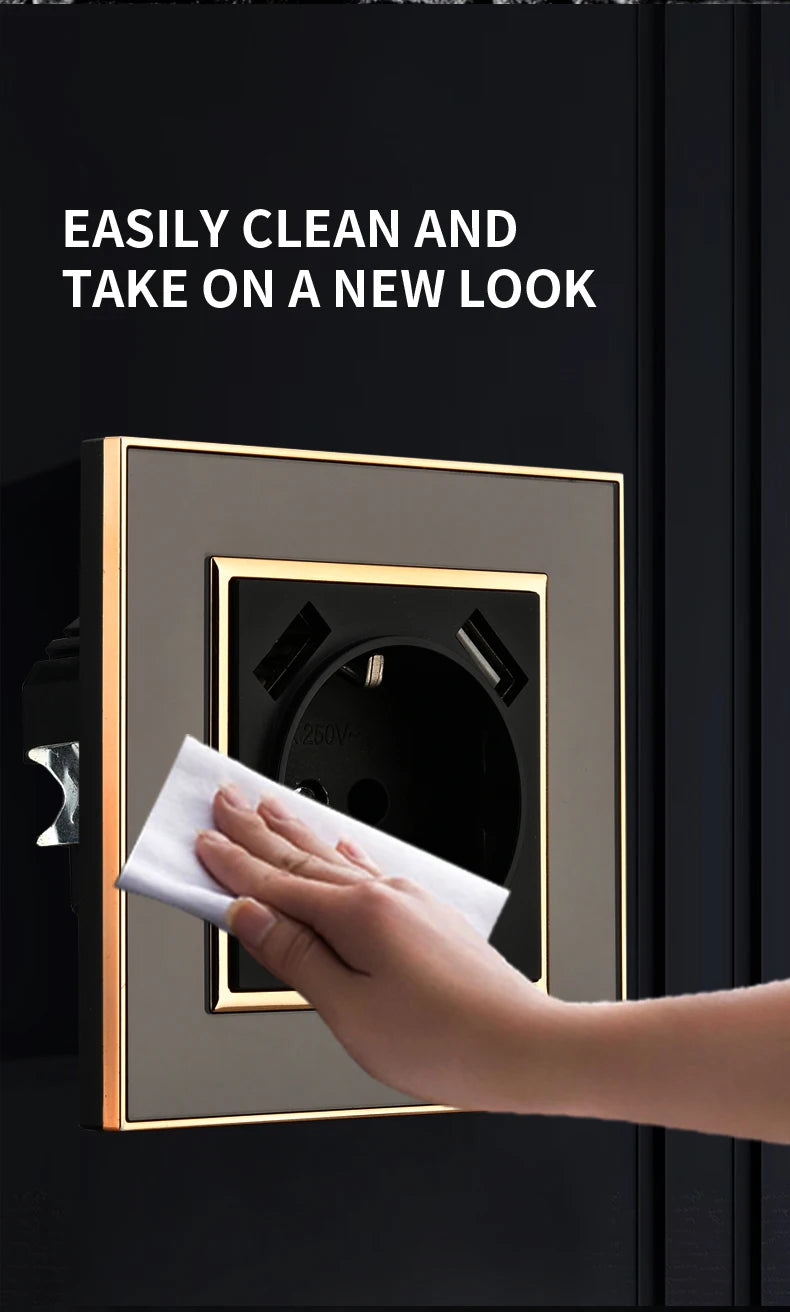 WESA Schwarze Spiegel-Acryl-Steckdose mit 2 USB-Steckdosen nach EU-Standard, Standard-Erdungsstecker, Steckdose, flammhemmend.