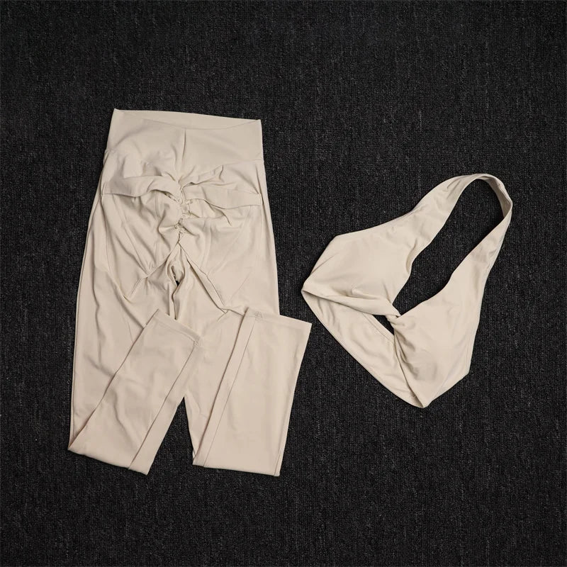 TRY TO BN Yoga Sports Sets Women's Tracksuit Sexy Back Pocket Hanging Neck Bras Fitness Leggings Sportswear Workout Gym Clothing.