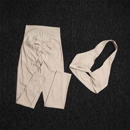 TRY TO BN Yoga Sports Sets Women's Tracksuit Sexy Back Pocket Hanging Neck Bras Fitness Leggings Sportswear Workout Gym Clothing.