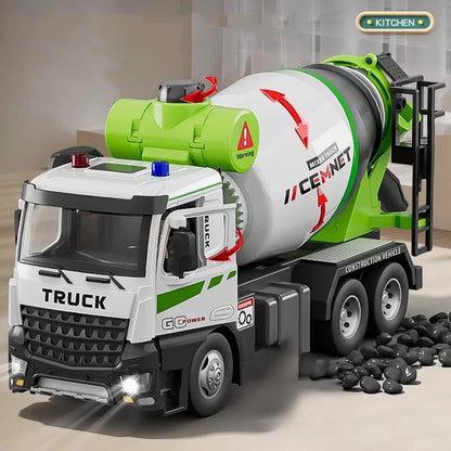1/24 Electric Mixer Truck Toys Model Car Alloy Diecast Engineering Vehicles Doors Opened Sound Light Pull Back Toy Gift for Kids.