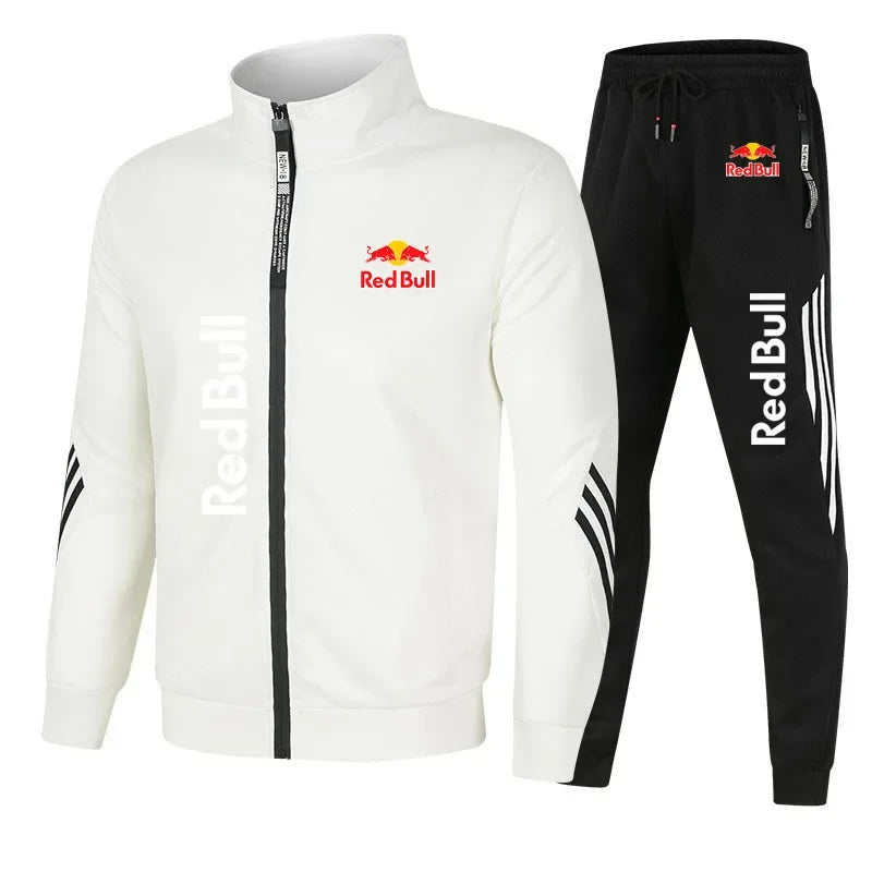 2025 Red Bull Logo Men's Hoodie Set Two-piece New Red Bull Brand Logo Printed Zipper Jacket Solid Color Simple Cycling Suit.