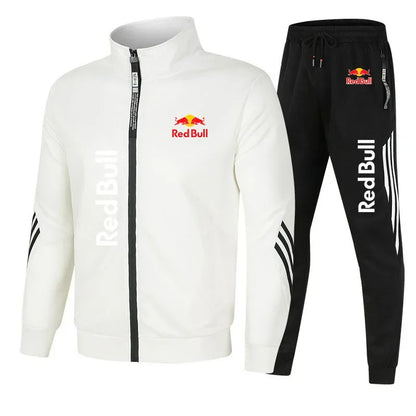 2025 Red Bull Logo Men's Hoodie Set Two-piece New Red Bull Brand Logo Printed Zipper Jacket Solid Color Simple Cycling Suit.