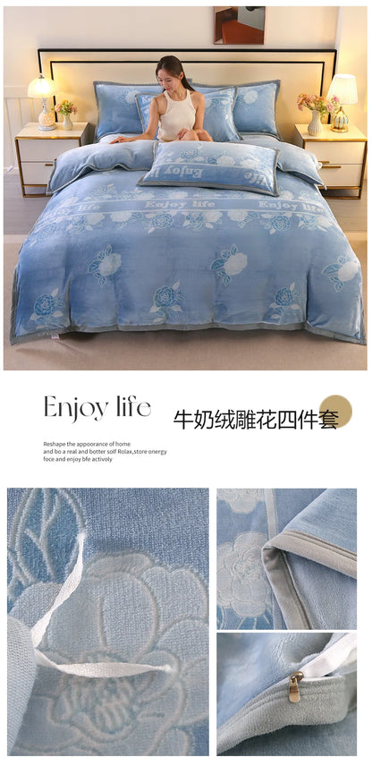2025 new light luxury high gram weight carved fleece milk fleece bed sheet four-piece set thickened warm bedding winter