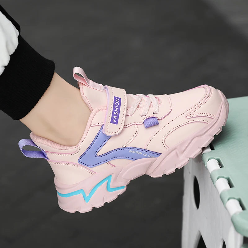 Sport Girl Casual Shoe Leather 5-16Years Boy Tenis Shoe Outdoor Children Running Sneaker Anti Slip Soft Sole Walking Footwear.