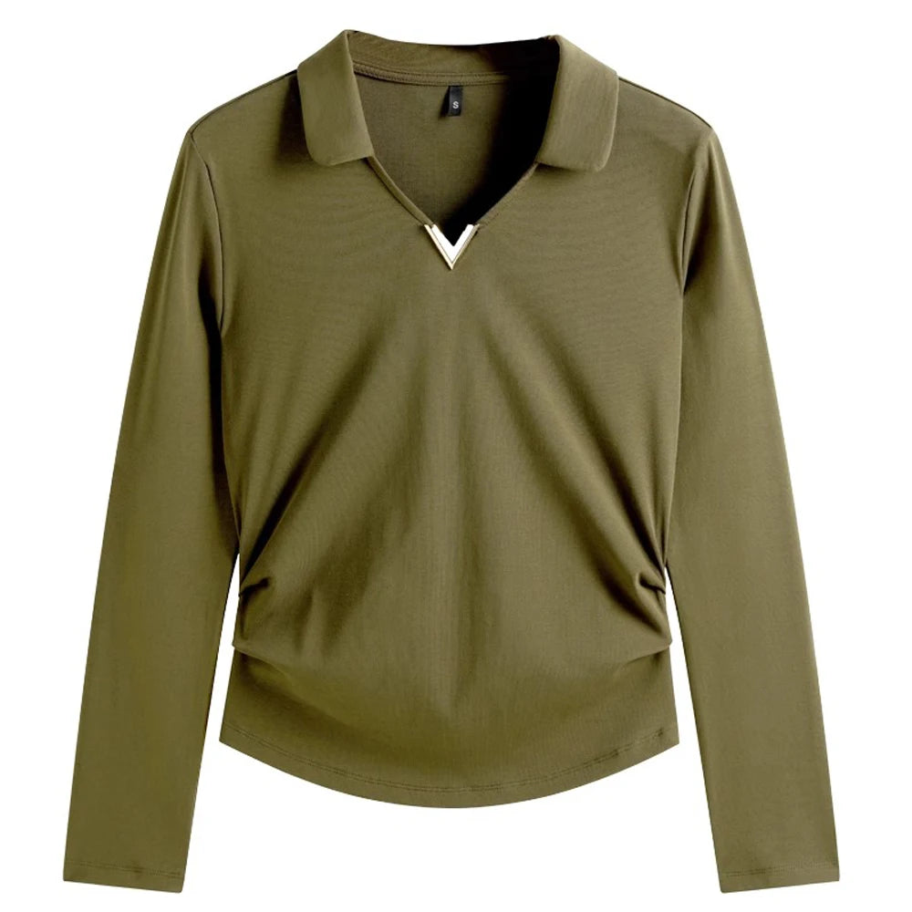 Korean version wine red long sleeved T-shirt for women in spring and autumn, new high-end fashion plus size lapel casual top.