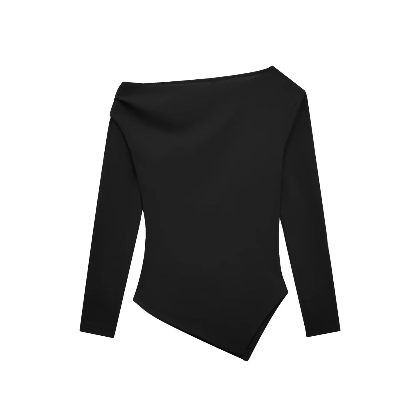 HH Women Fashion Solid 5-Color Asymmetrical Slant Collar Tops Female Spring Pleated Decoration Casual Slim Elasticity Top.