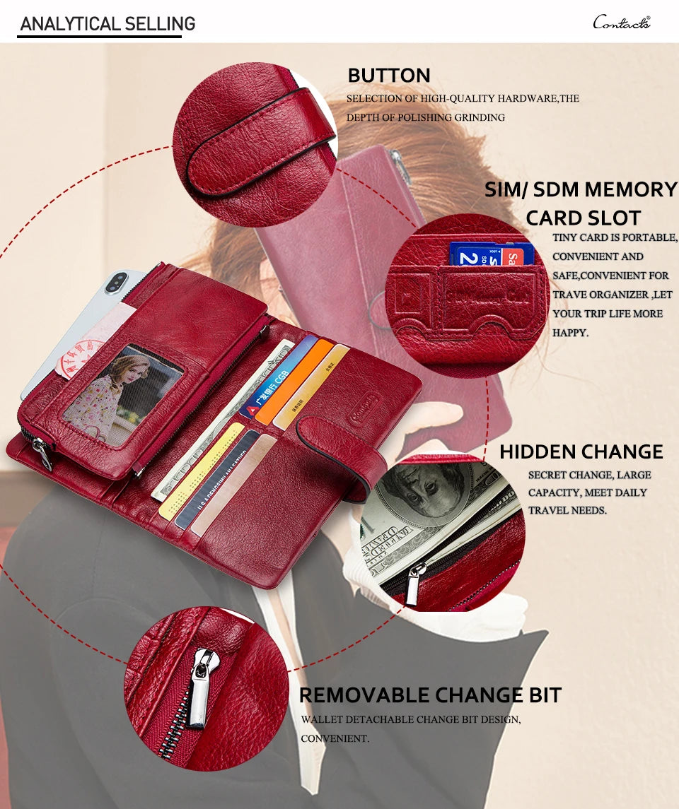 Contact's 100% Genuine Leather Wallet Women Long Coin Purse Hasp Design Clutch Bags Name Engraving Card Holder Wallets Cartera.