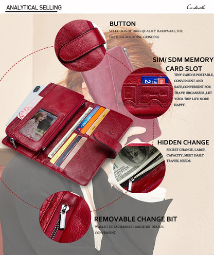 Contact's 100% Genuine Leather Wallet Women Long Coin Purse Hasp Design Clutch Bags Name Engraving Card Holder Wallets Cartera.