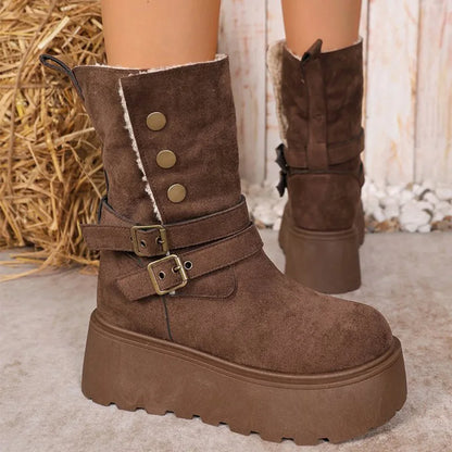 Brown Chunky Platform Women's Snow Boots Winter Retro Button Buckle Detor Snow Boots Woman Faux Suede Keep Warm Botas Mujer.