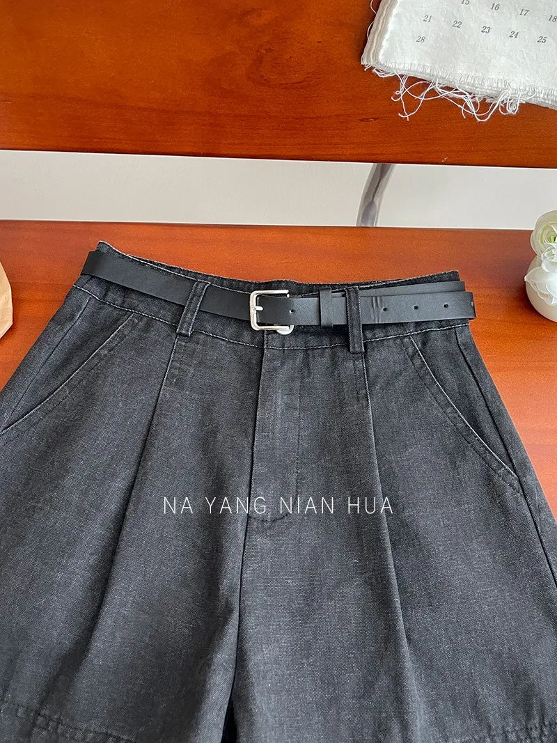 Beiyingni Korean Women High Waist Shorts With Belt Elegant Cotton Linen Casual Slim Female Shorts White Street Short Cargo Pants.