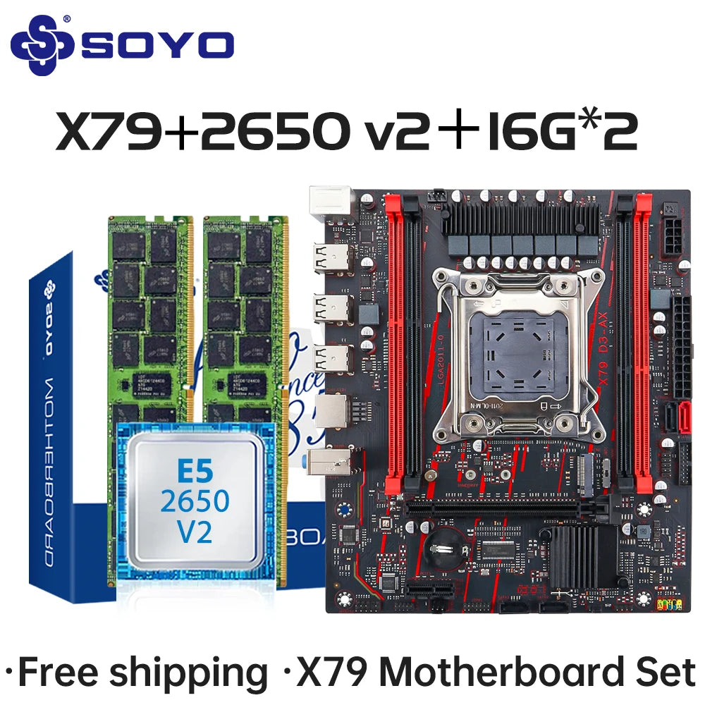 SOYO X79 Game Motherboard LGA 2011 Set with E5 2650 V2 CPU 32G【16G*2】DDR3 ECC RAM Memory M.2 NAME Computer components Mainboard.