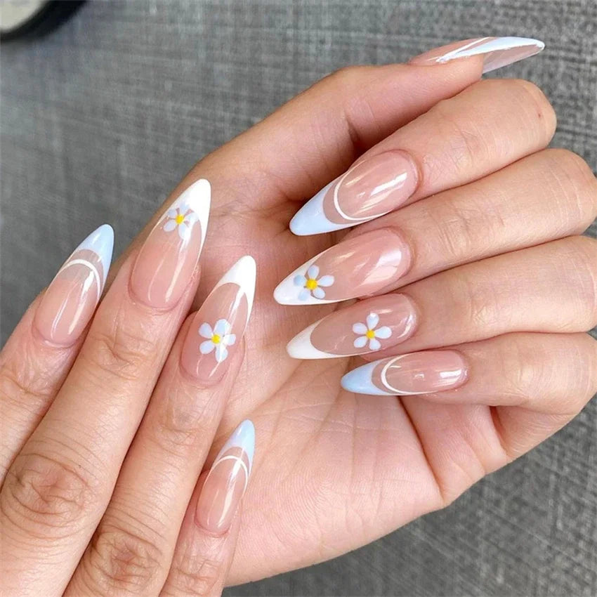 24Ps/Set White Ripple Glitter Chip Design Wearing False Nail French Full Cover Acrylic Press on Nail Almond Shape Fake Nail Tips