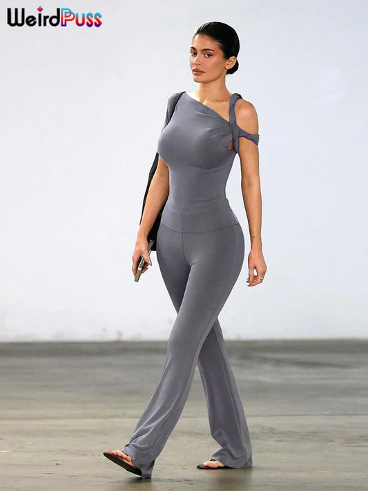 Weird Puss Irregular Knot Women 2 Piece Sets Stretch Casual Short Sleeve Tank Tops+Flare Pants Matching Outfits Slim Streetwear.