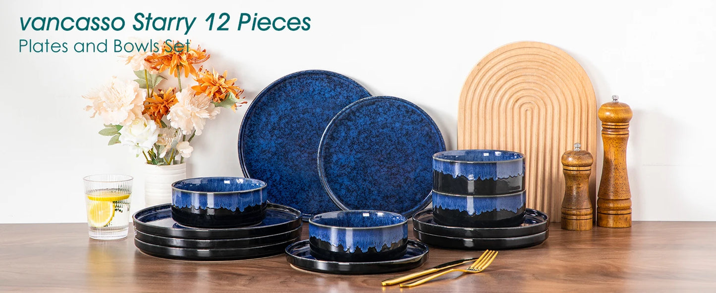 vancasso 12/24 Piece Dinner set Black Blue Reactive Glaze Vertical edge Dinnerware set with 4PCS Dinner Plate/ Dessert/Bowl.