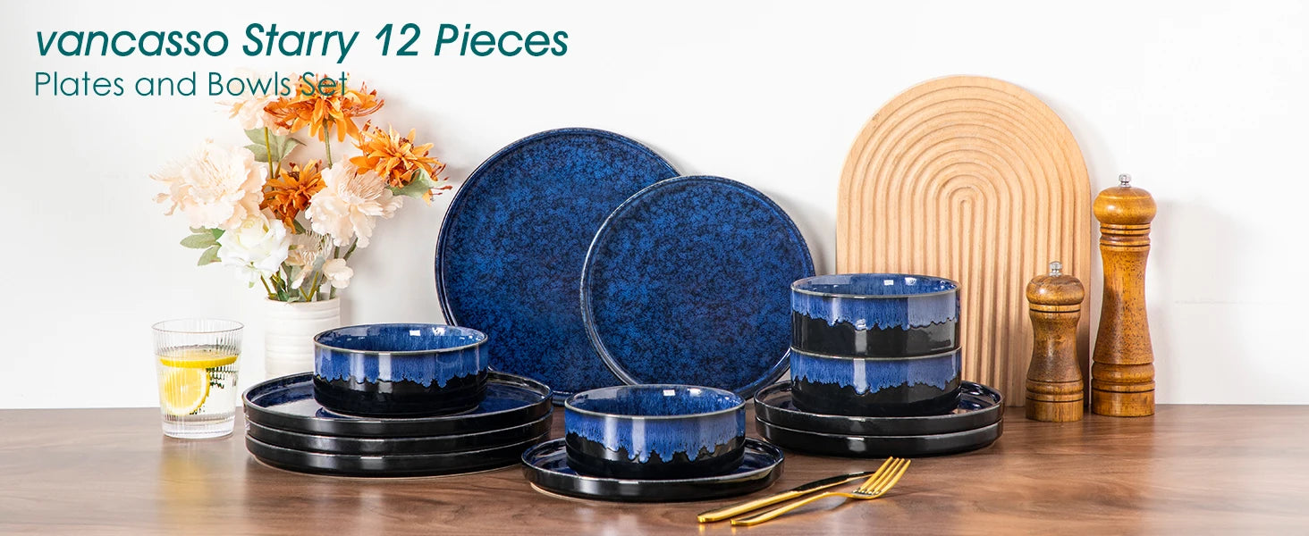 vancasso 12/24/36Piece Dinner set Black Blue Reactive Glaze Vertical edge Dinnerware set with 4PCS Dinner Plate/ Dessert/Bowl.
