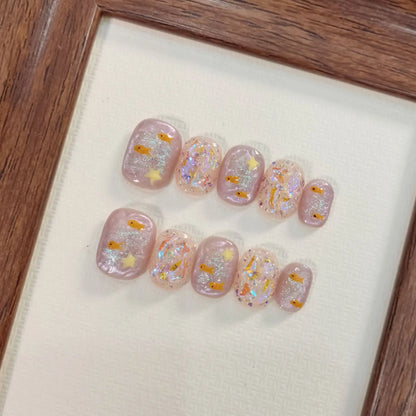 10pcs/set Handmade Press-On Nails - Blue Glossy Fish & Bubbles Design Short Oval Fake Nails with Cat Eye Effect False Nails.