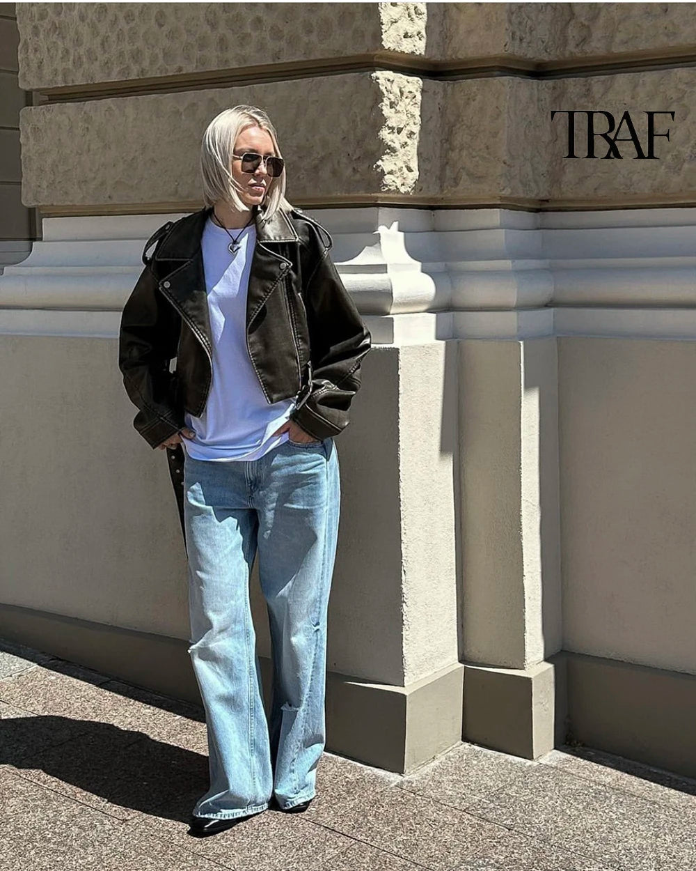 TRAF Damen Vintage lose Lederjacke Gürtel Schulter Abzeichen Zip Revers Jacke Handsome Washed Leder Motorrad Kleidung